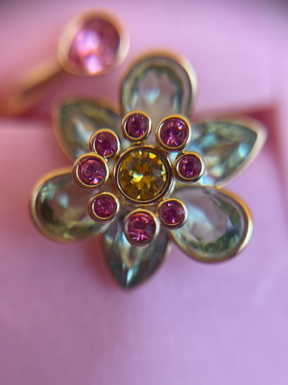 Swarovski Gold Tone Crystal Flower Wrap Ring Pink Green w/ Original Box - Picture 7 of 11